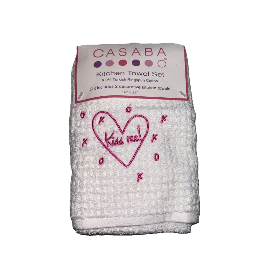CASABA Kitchen Towel Set Of 2 Turkish Cotton White Pink Kiss Me! Embroidered